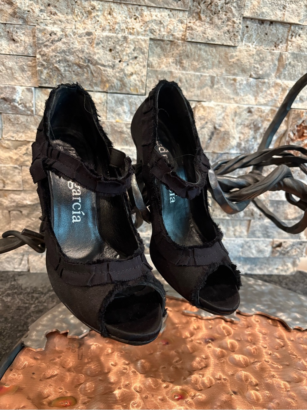 Pedro Garcia Black Satin Peep Toe Pumps SZ 38